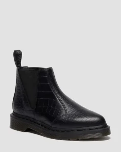 Bianca II Tapered Croc Emboss Leder Lo Stiefel in Schwarz