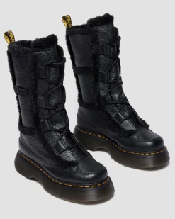 Buzz Milled Nappa Leder Schnürstiefel mit Kunstfellfutter in Schwarz