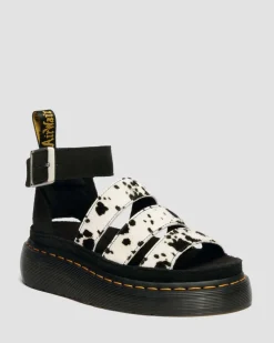 Clarissa Strap Hair On Leder Quad Sandalen in Creme & Schwarz