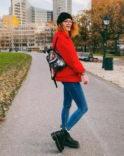 Jadon Leder Plateaustiefel mit Kunstfellfutter in Schwarz