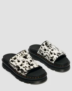 Zebzag Dalmatian Hair On Leder Plateau Slides in Creme & Schwarz