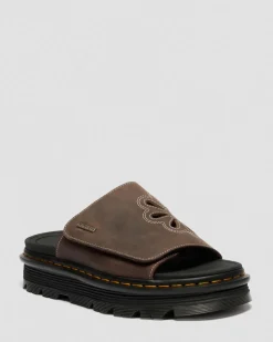 Zebzag Flower Crazy Horse Leder Slides in Dunkelbraun